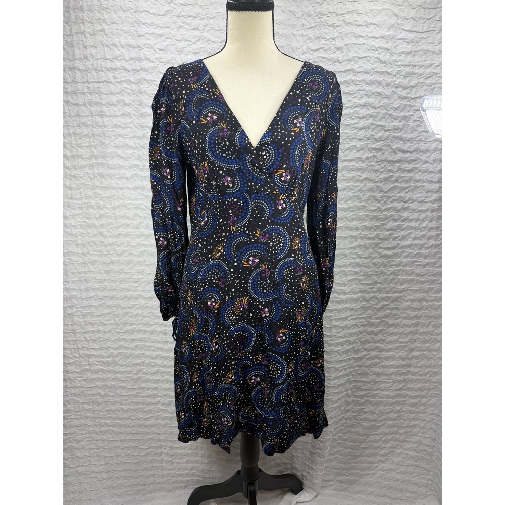Maeve Anthropologie Long Sleeve Mini Dress Black Blue Geometric Floral V-Neck 4